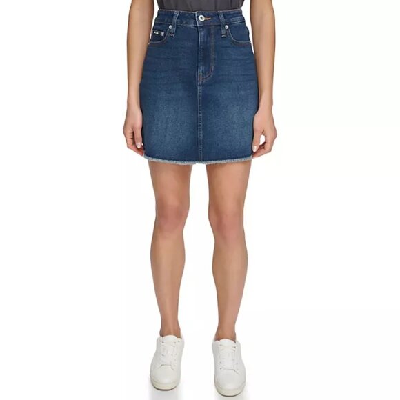 DKNY Jean Skirt Dark Wash Mid Length Denim Skirt Comfort Stretch Sz 10 NWT - Picture 2 of 8